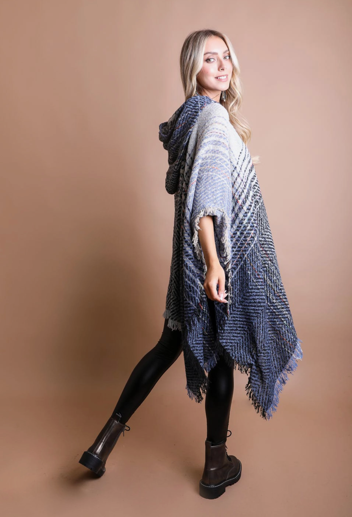 Herringbone Hooded Poncho - Blue
