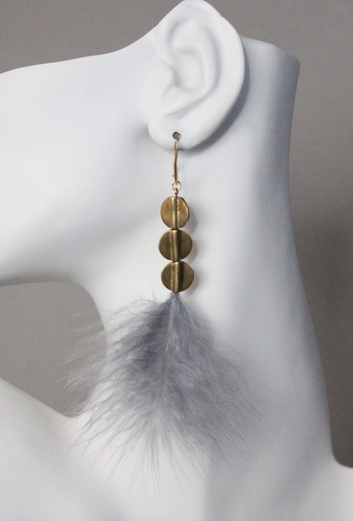 Lavander Feather and Brass Disc Earrings