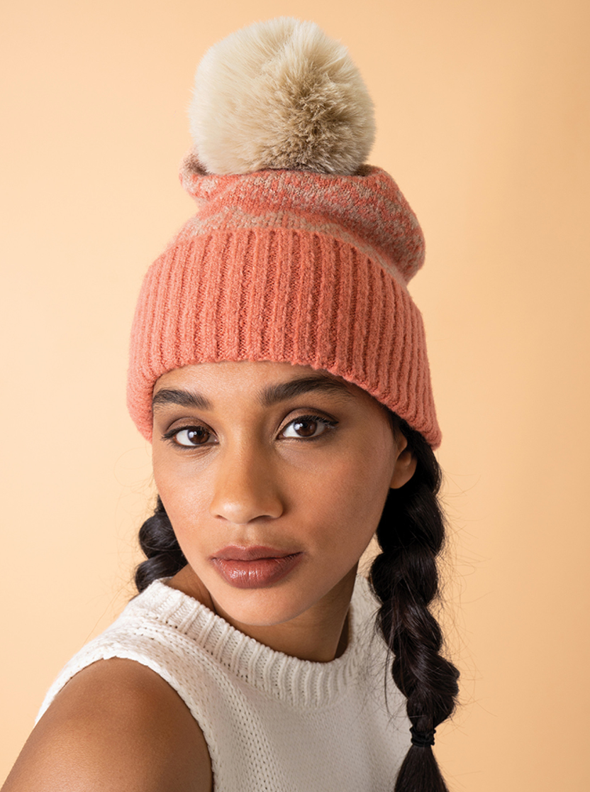 Thora Bobble Hat - Coral & Taupe