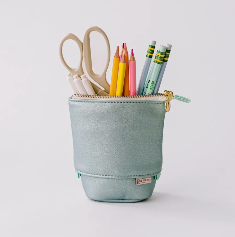 Luxe Standing Pencil Pouch - Metallic Blue Sky