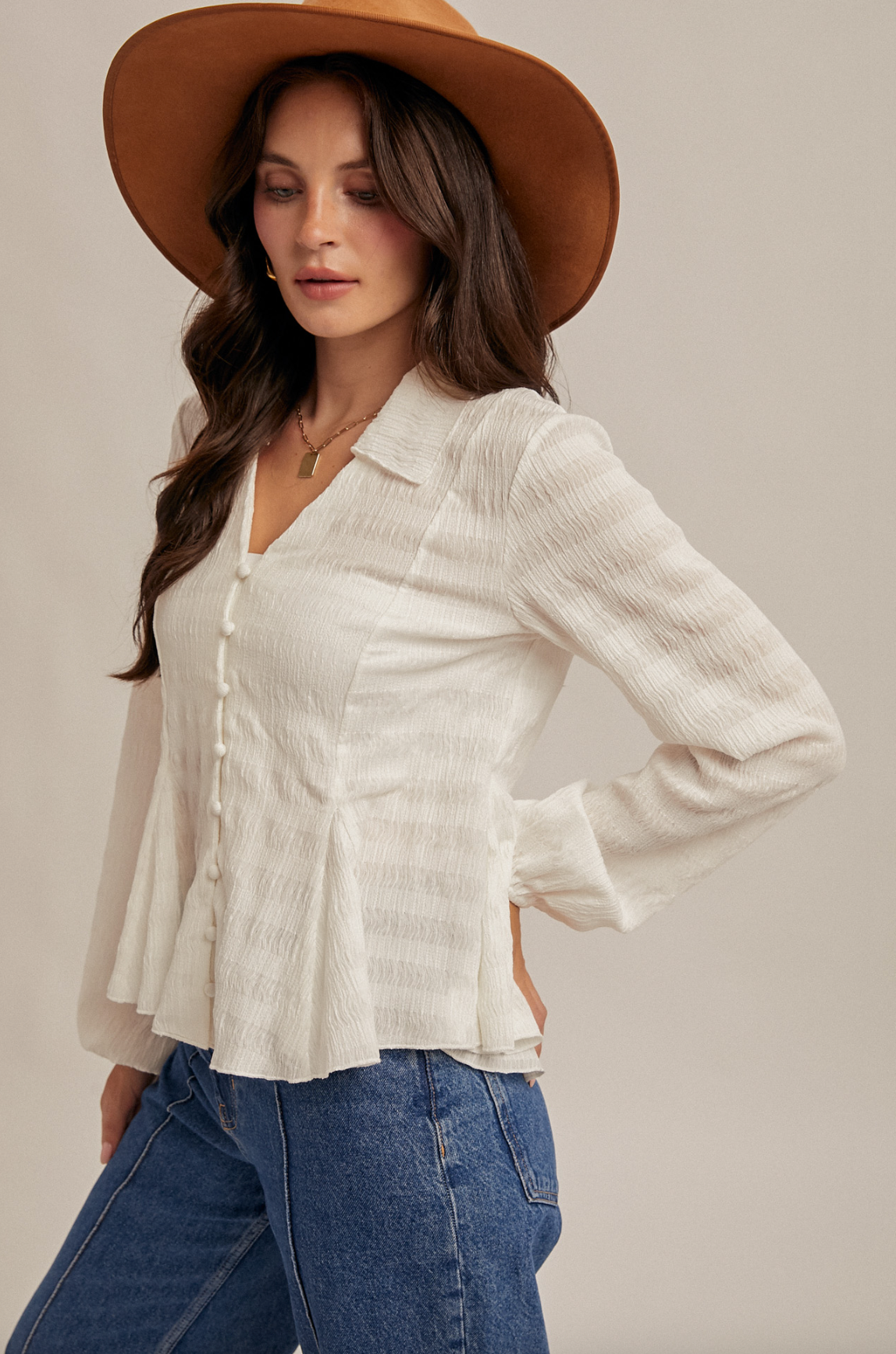 Peplum Textured Button Up Top
