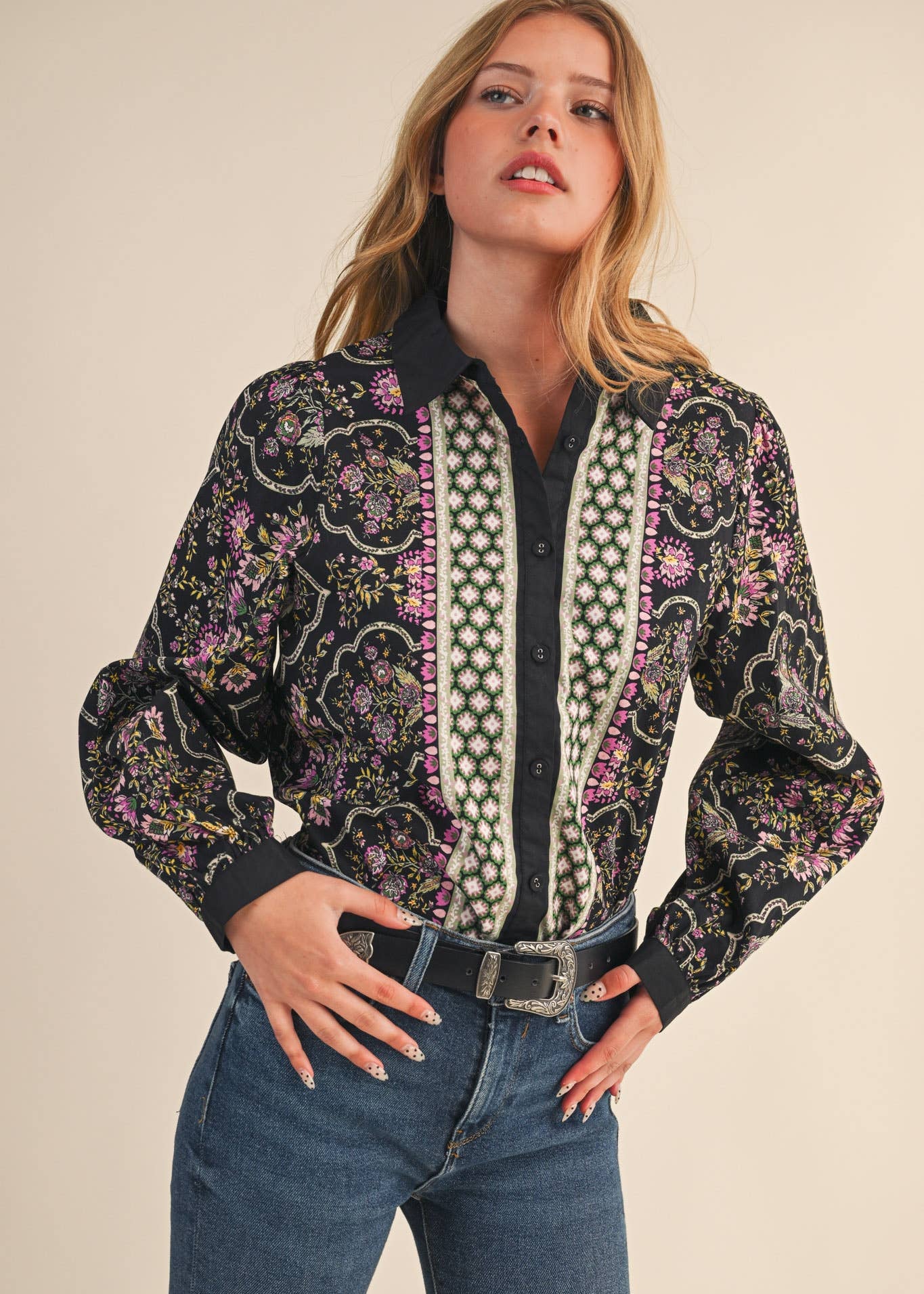 Floral Border Button Up Blouse