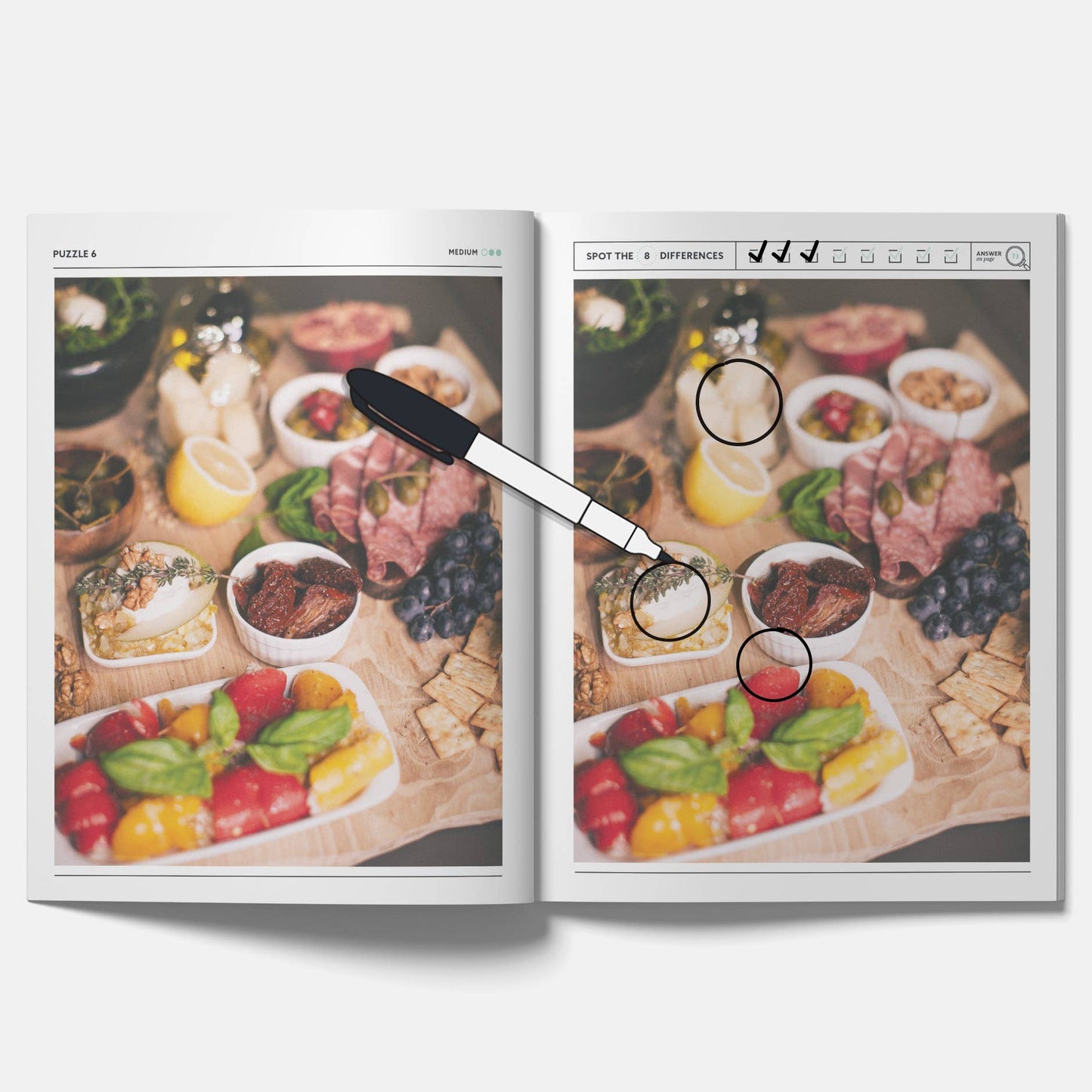 Charcuterie Spot the Difference Puzzles, I Spy Activity Book