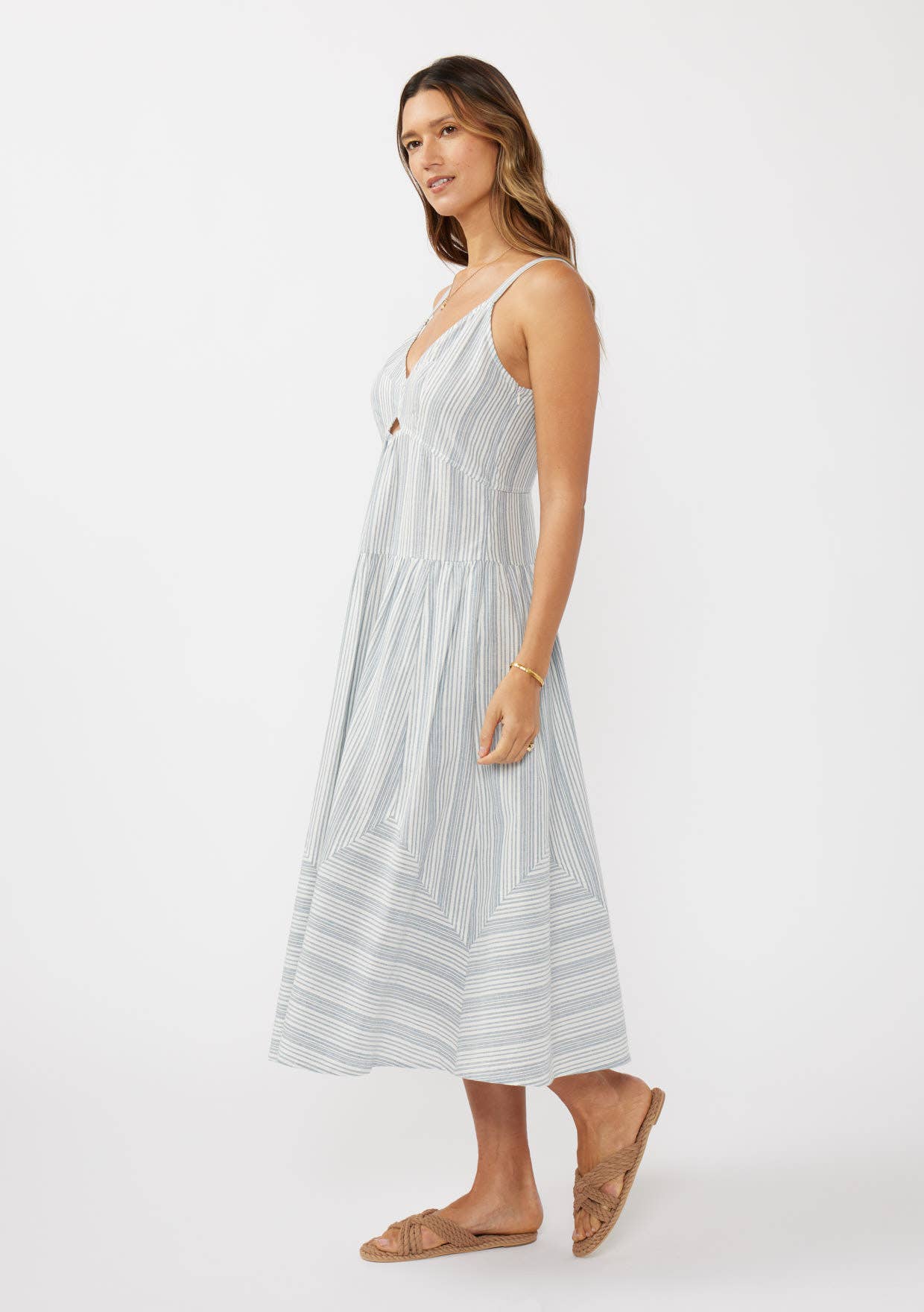 Striped V-Neck Midi Dress with Cutouts