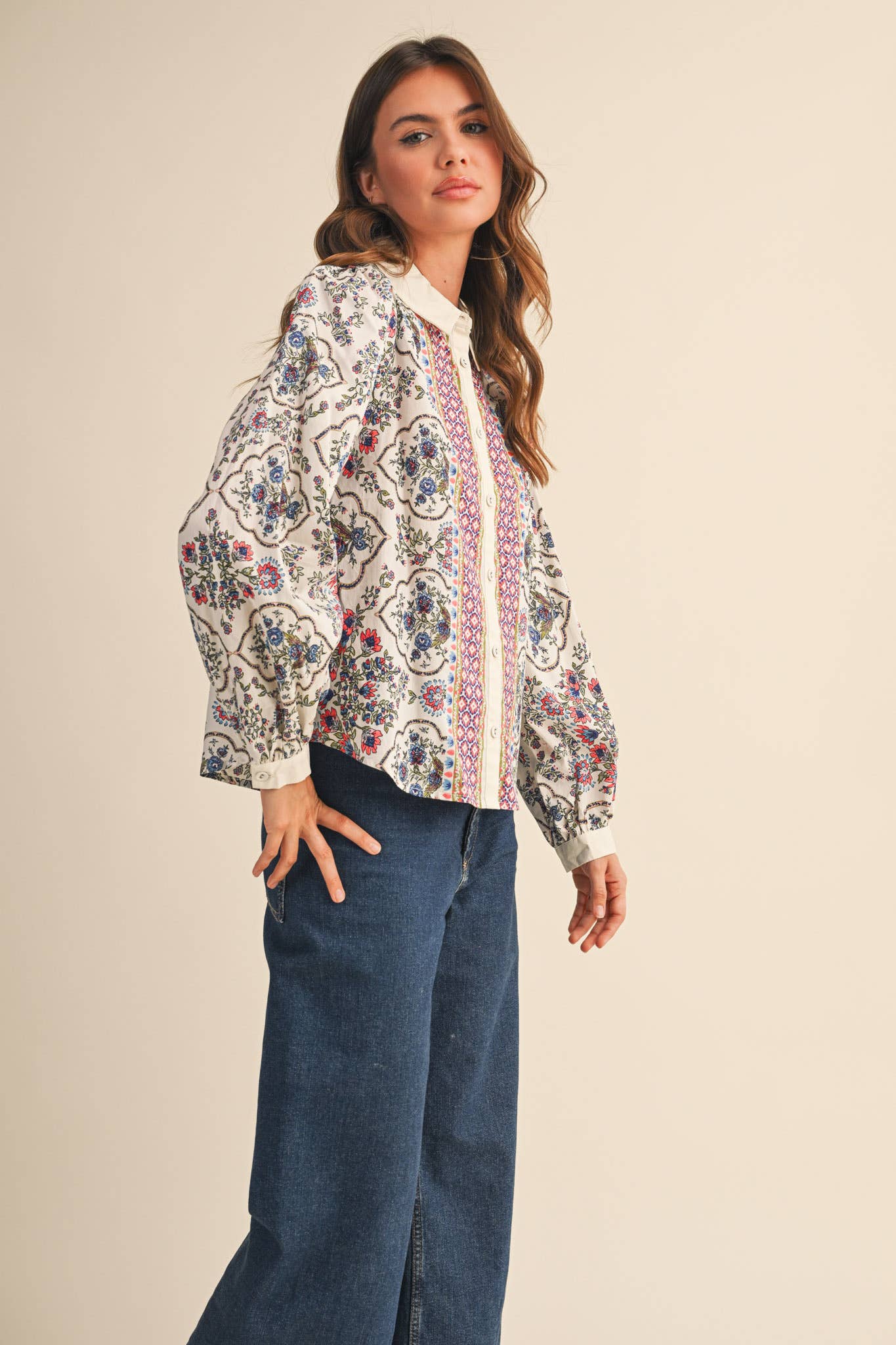 Floral Border Button Up Blouse