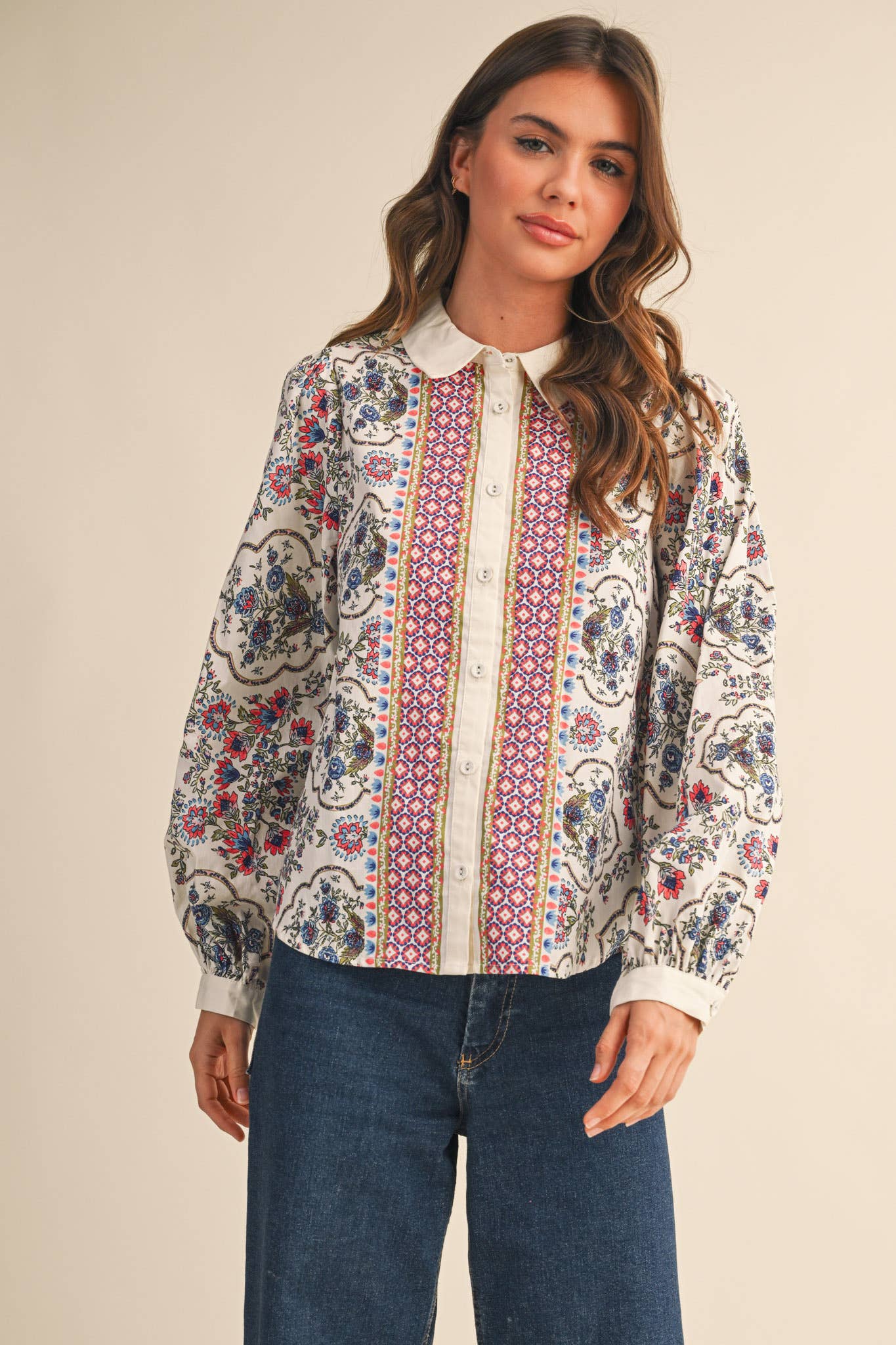 Floral Border Button Up Blouse