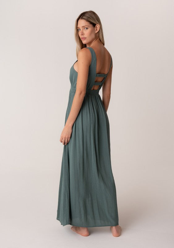 Sleeveless V Neck Button Front Maxi Dress