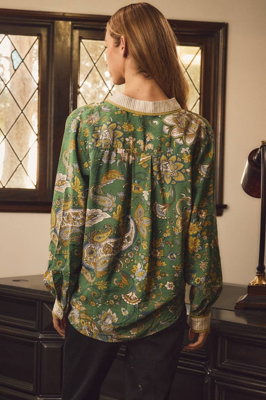 Elegant Paisley & Contrast Trim Blouse