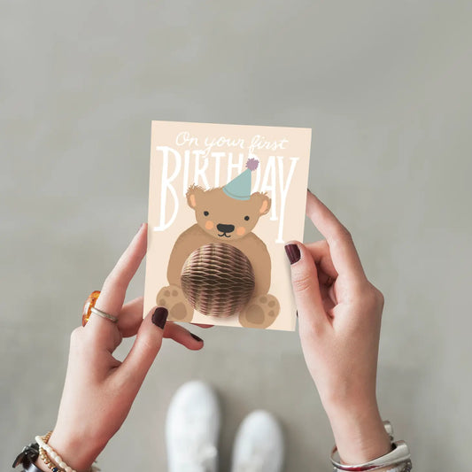 Pop-up Teddy Bear First Birthday Card