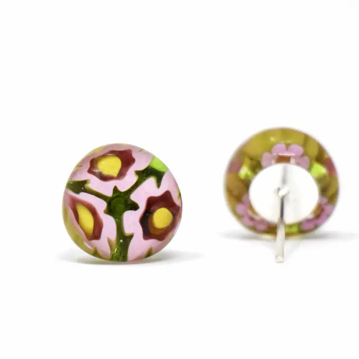Pink Flowers Glass Stud Earrings