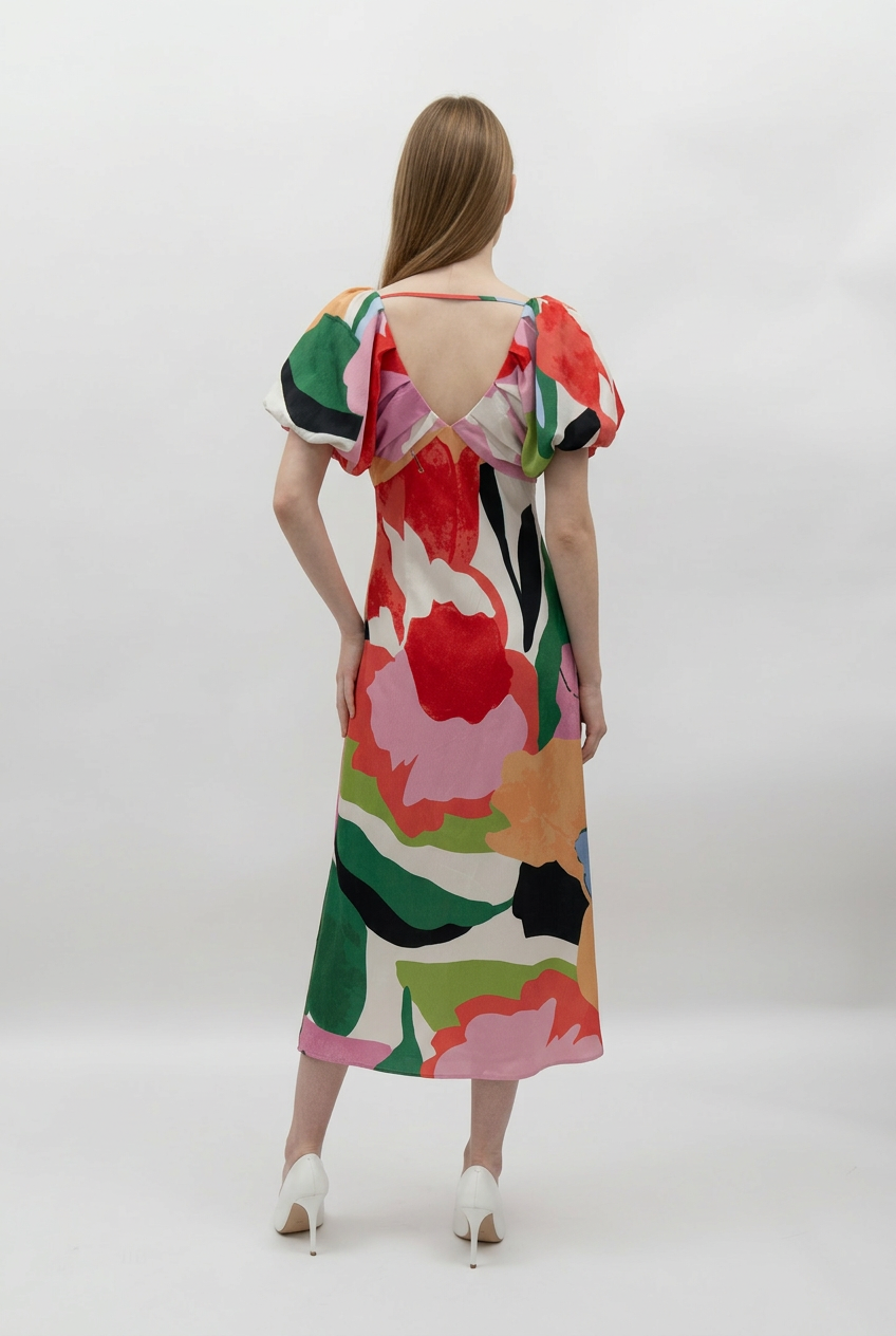 Vibrant Abstract Puff Sleeve Midi Dress