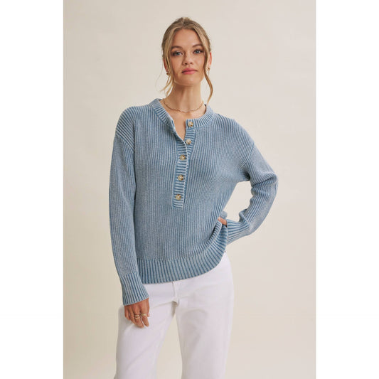 Mineral-Washed Henley Sweater Pullover