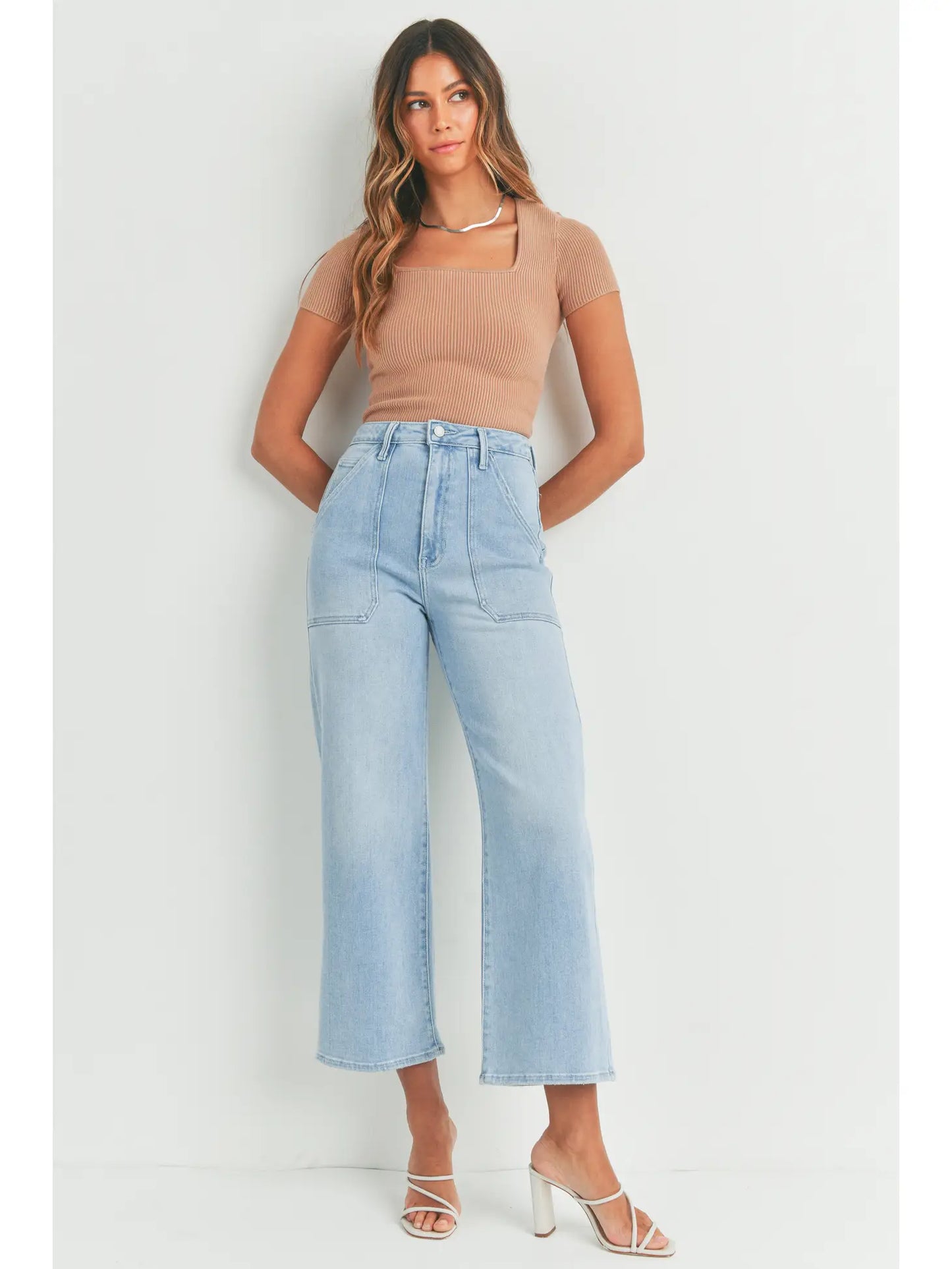 High Rise Cargo Pocket Wide Leg Jeans