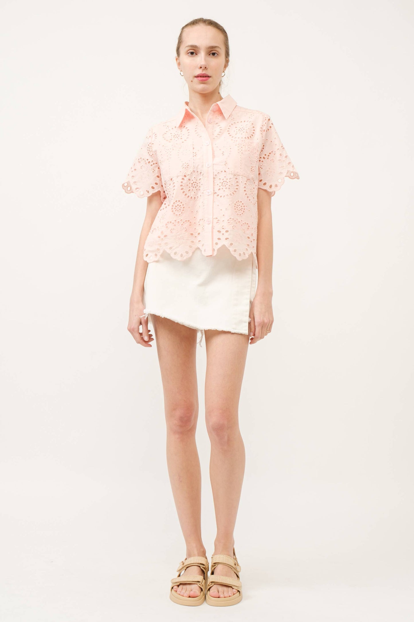 Peach Scallop Lace Button Down