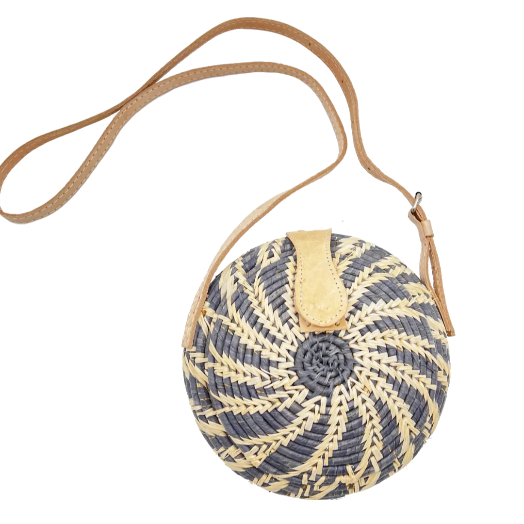 Clamshell Two Tone Round Straw Crossbody Bag