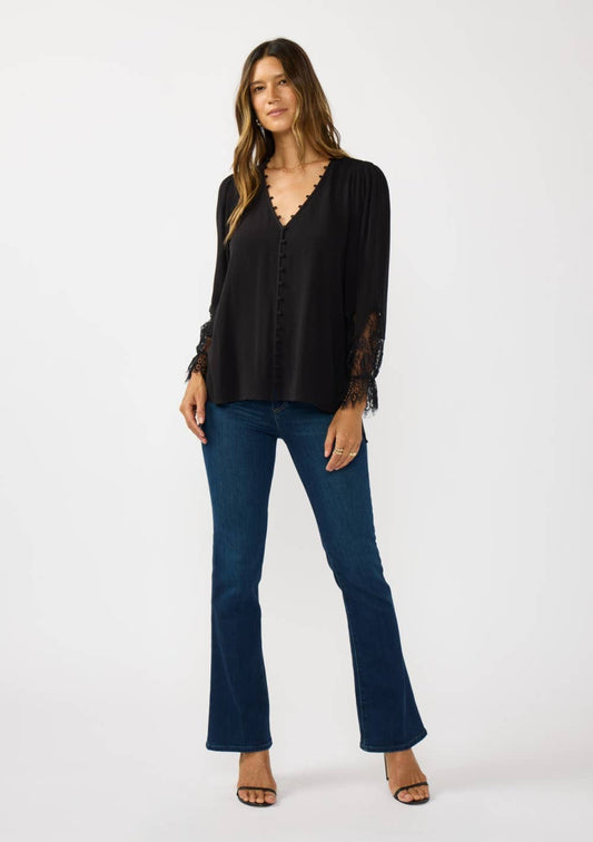 Lace Cuff V-Neck Button Blouse