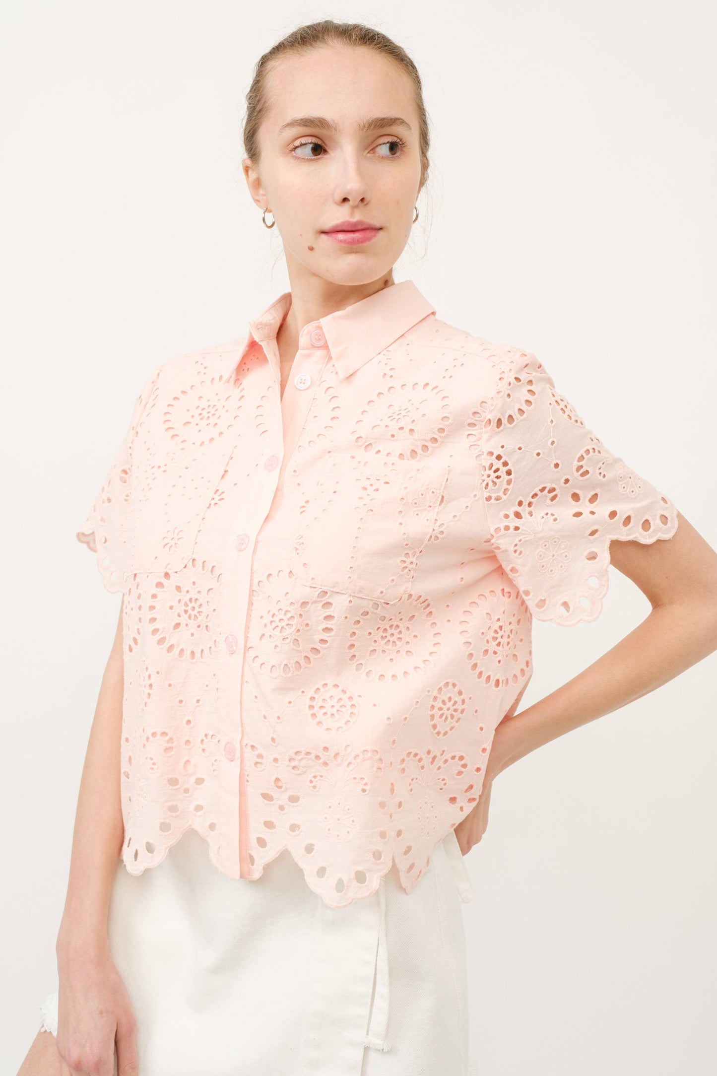 Peach Scallop Lace Button Down