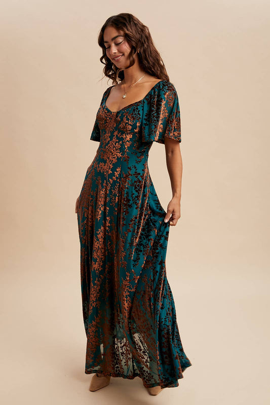 Burnout Velvet Flutter Maxi Dress