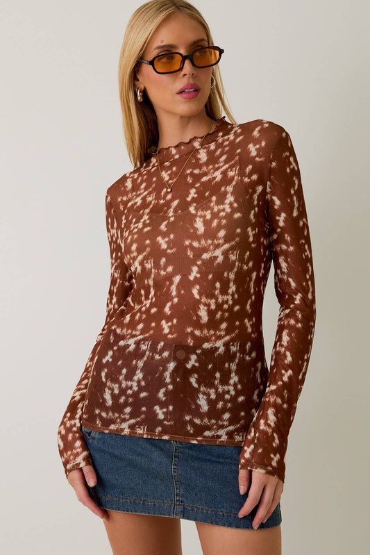 Mocha Mock Neck Sheer Top