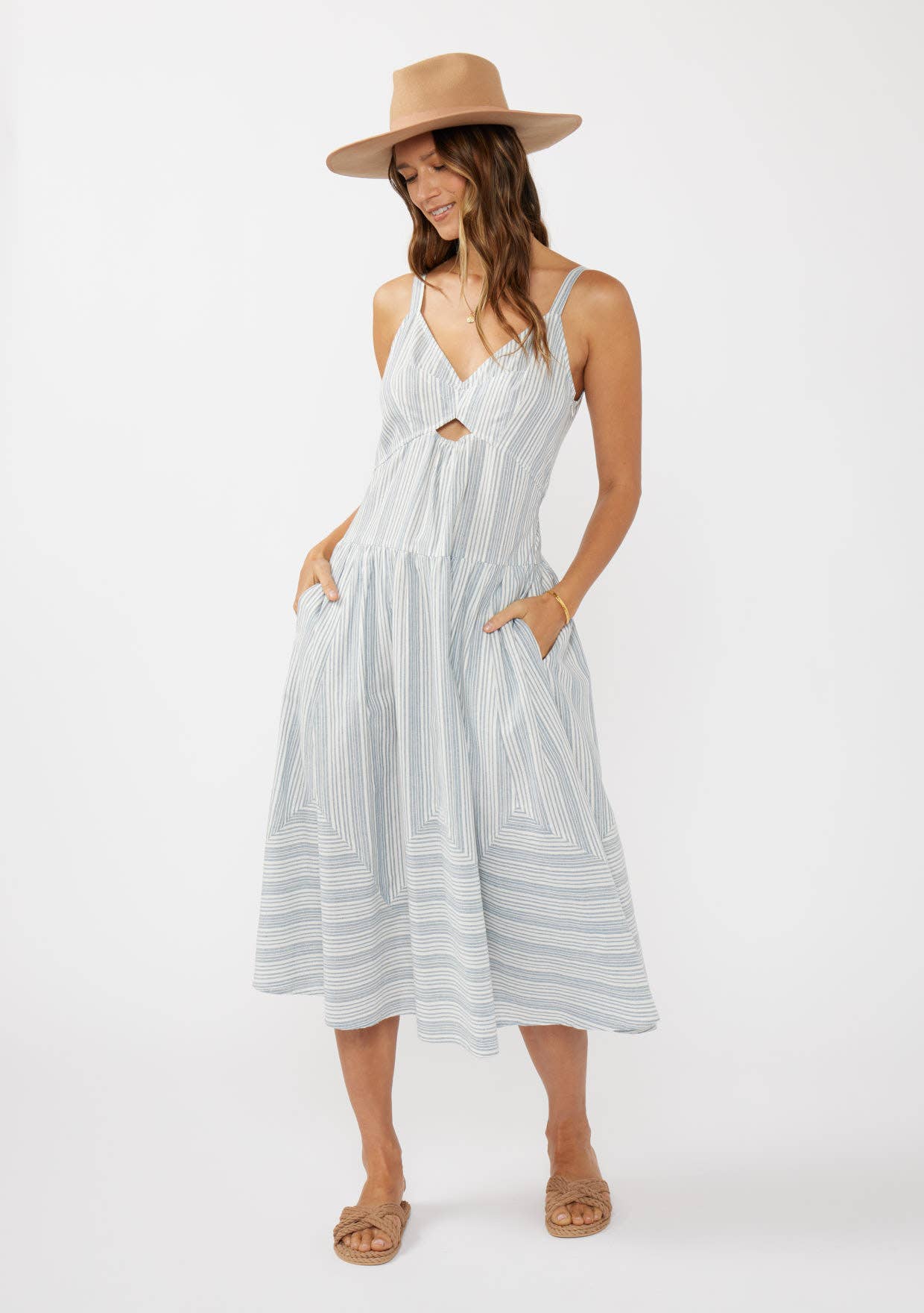 Striped V-Neck Midi Dress with Cutouts