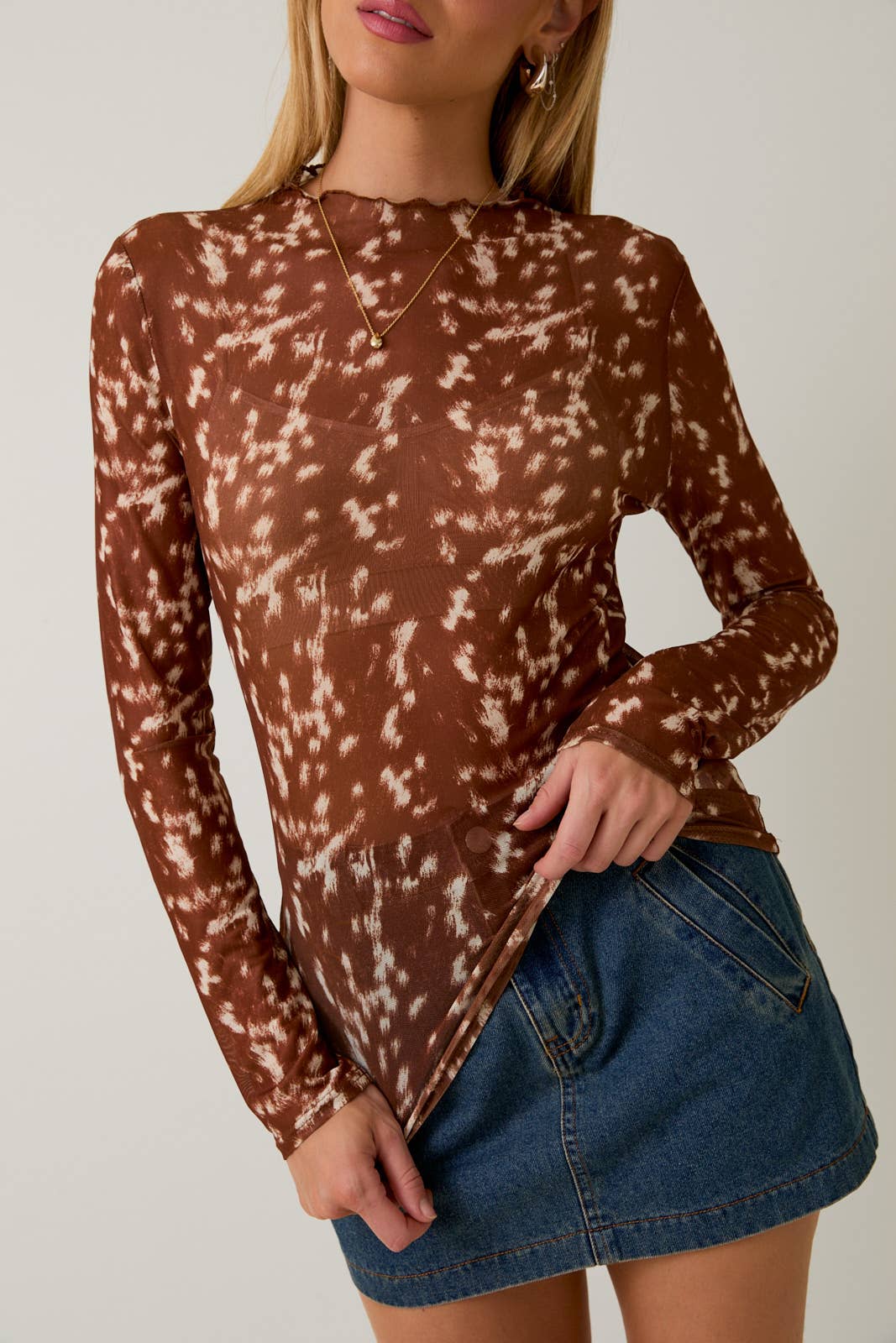 Mocha Mock Neck Sheer Top
