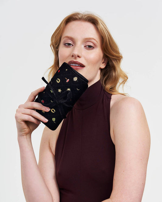 Black Quilted Motif Velvet Embroidered Jewelry Roll