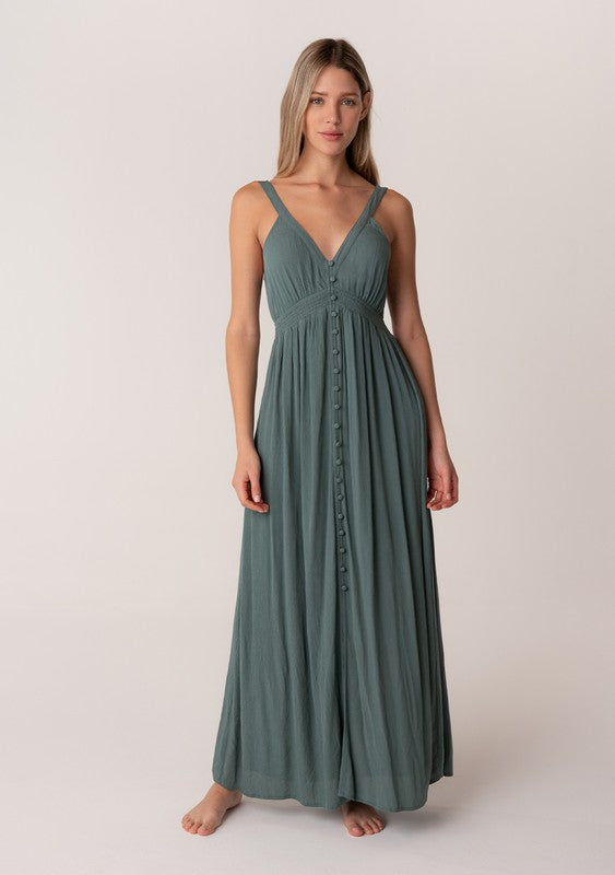 Sleeveless V Neck Button Front Maxi Dress