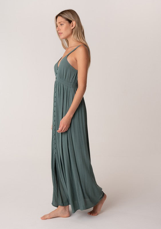 Sleeveless V Neck Button Front Maxi Dress
