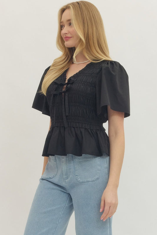 Henrietta Smocked Tie Front Peplum Top