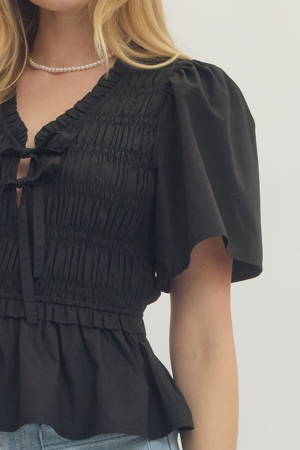 Henrietta Smocked Tie Front Peplum Top