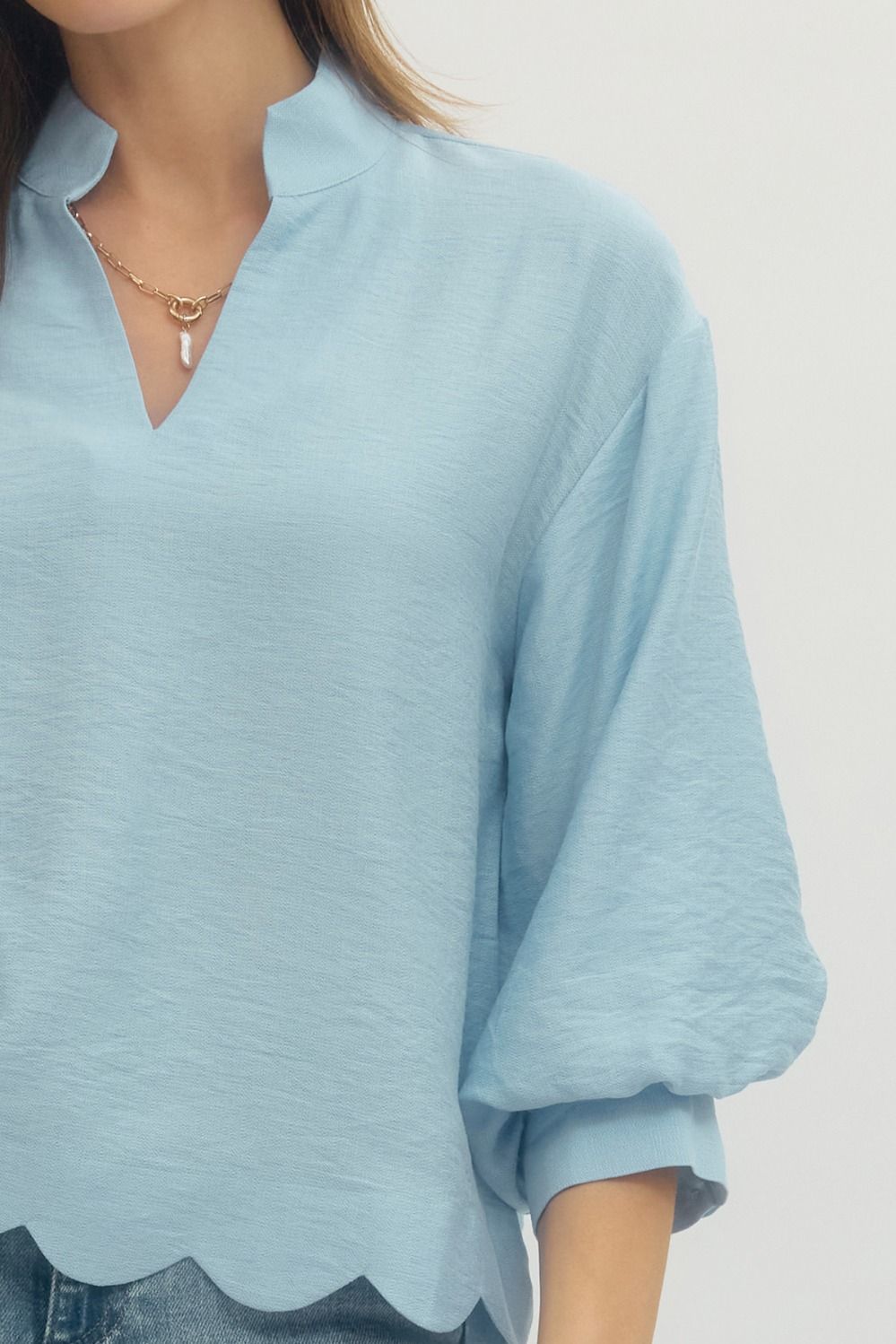 Sky Scalloped Hem Popover Top