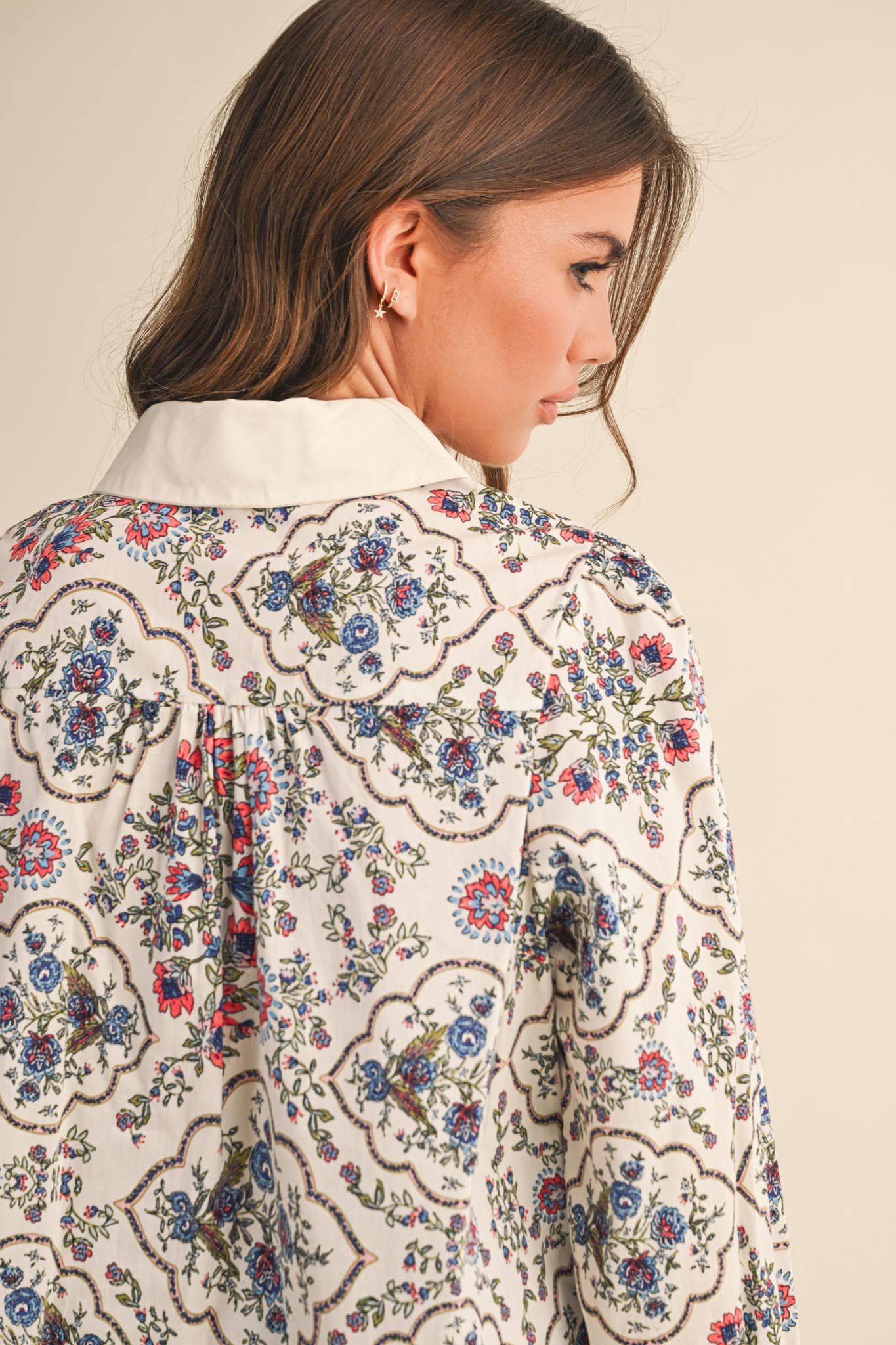 Floral Border Button Up Blouse