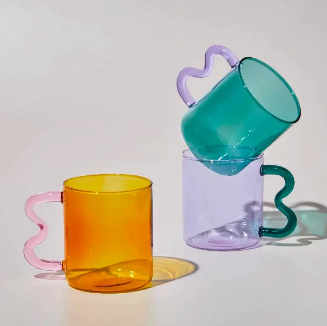 Wavy Glass Mug - Green w/ Lavender Handle