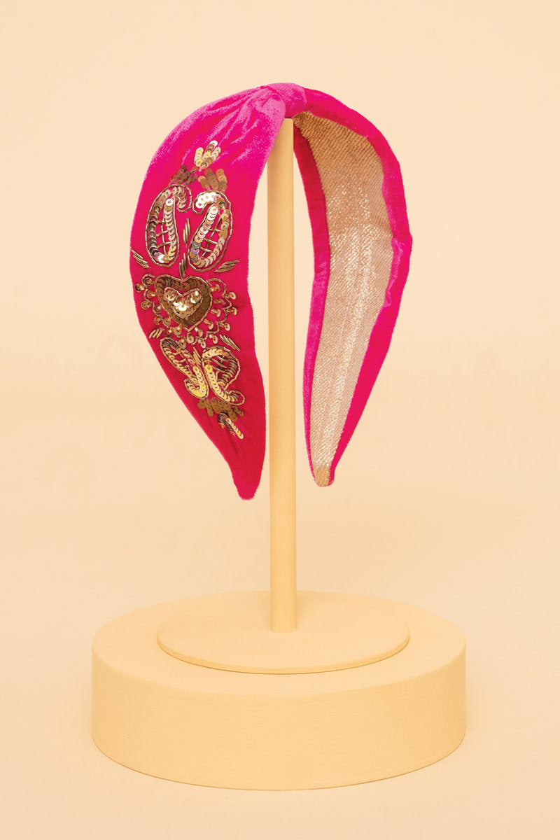 Embellished Velvet Headband - Raspberry