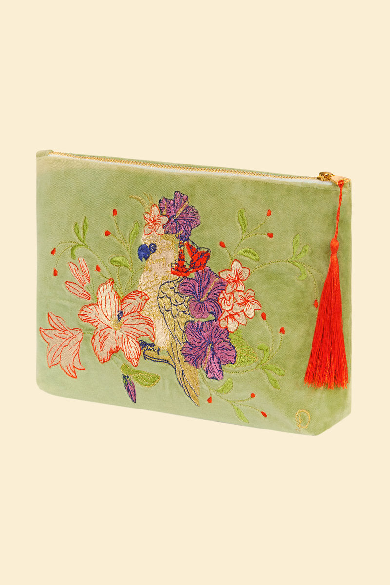 Velvet Zip Pouch - Cockatoo in Sage