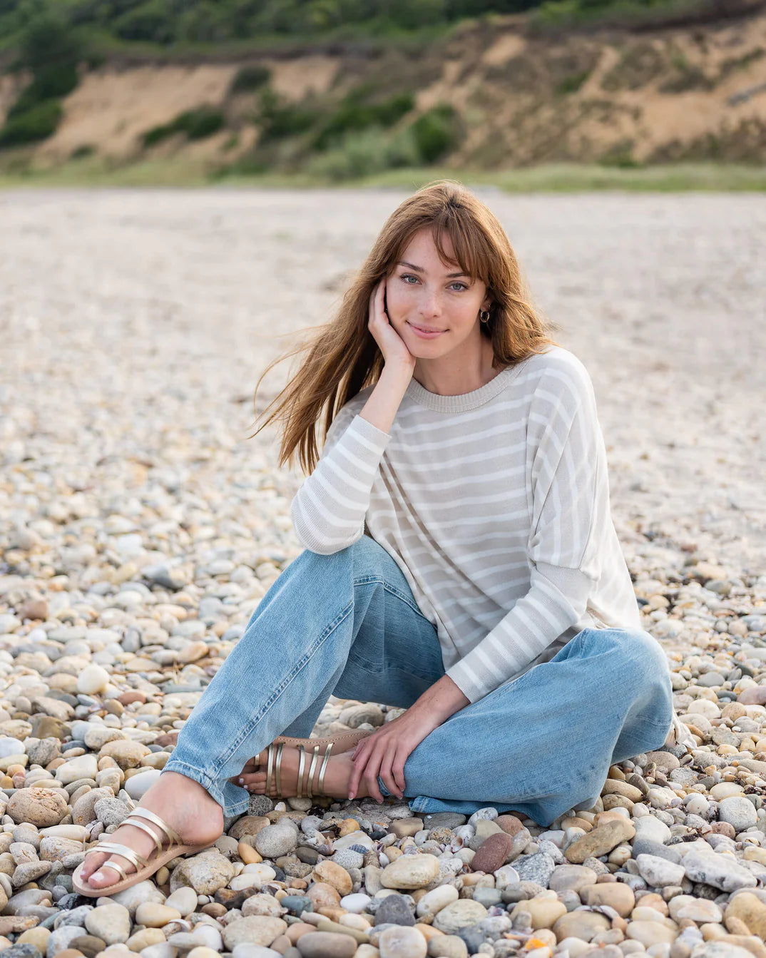 Catalina Sweater - White & Sand Stripes