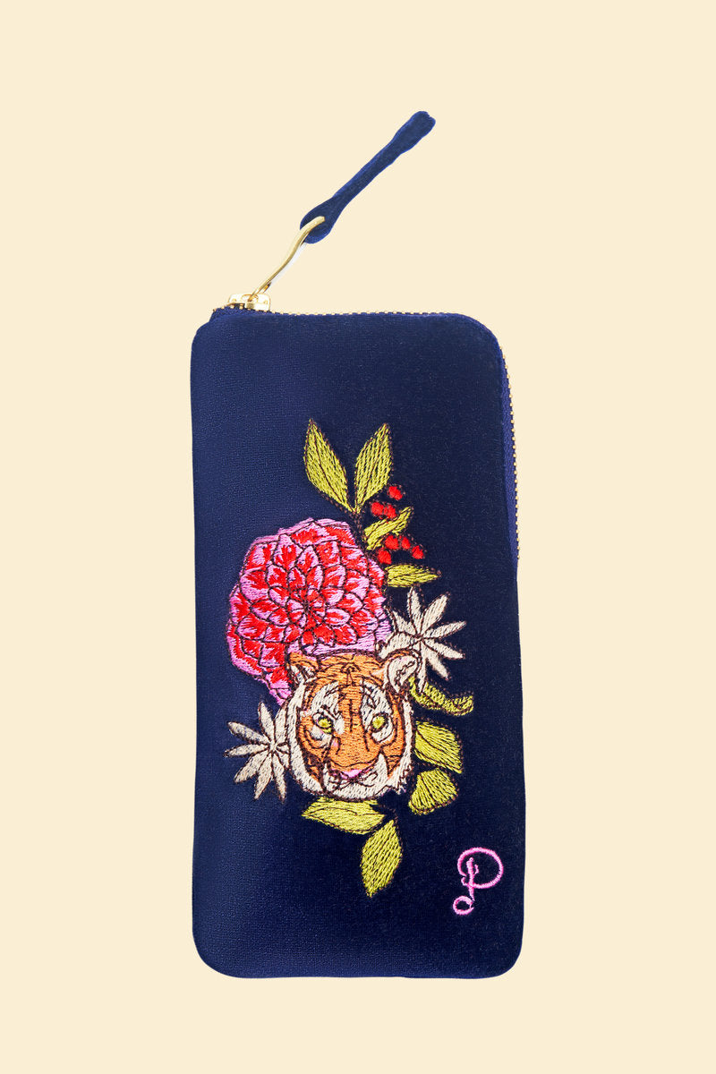Velvet Glasses Pouch - Floral Tiger Face in Indigo