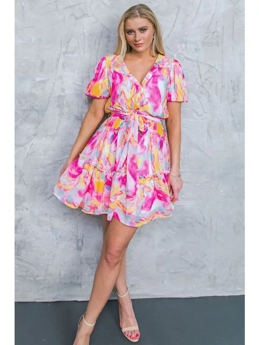 Printed Woven Mini Dress - Yellow & Pink