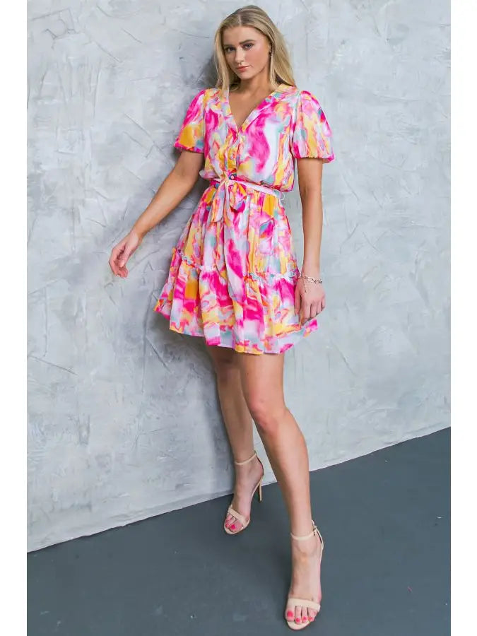 Printed Woven Mini Dress - Yellow & Pink