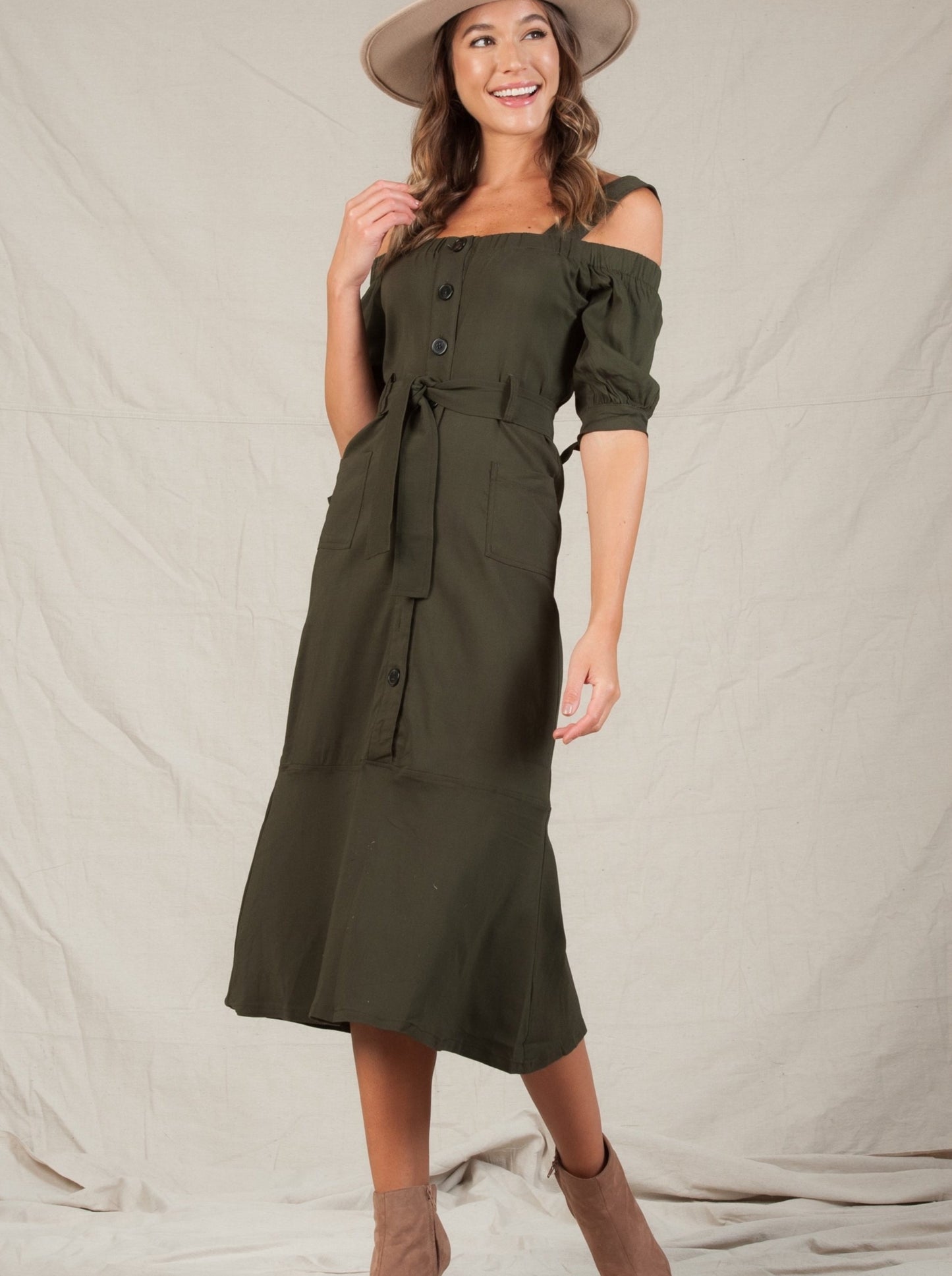 Utility Cold Shoulder Midi Dress