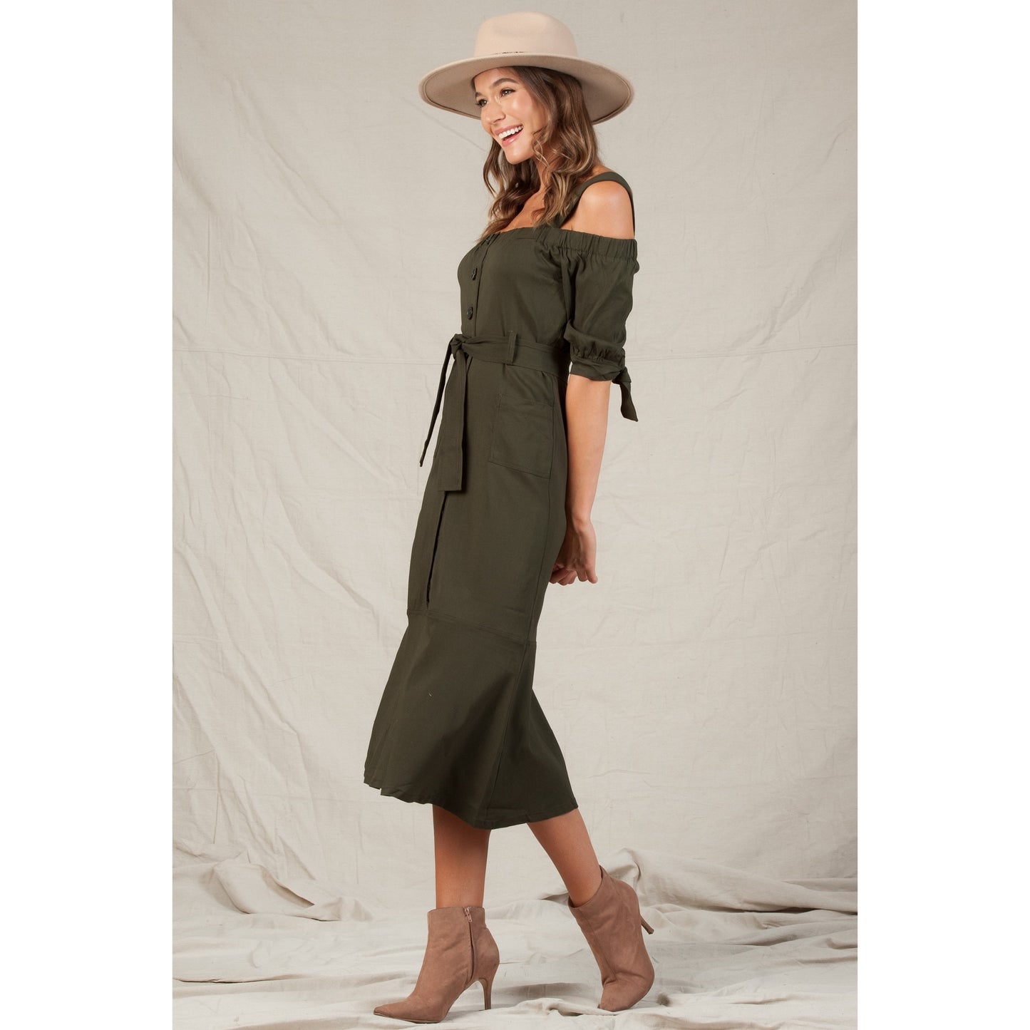 Utility Cold Shoulder Midi Dress