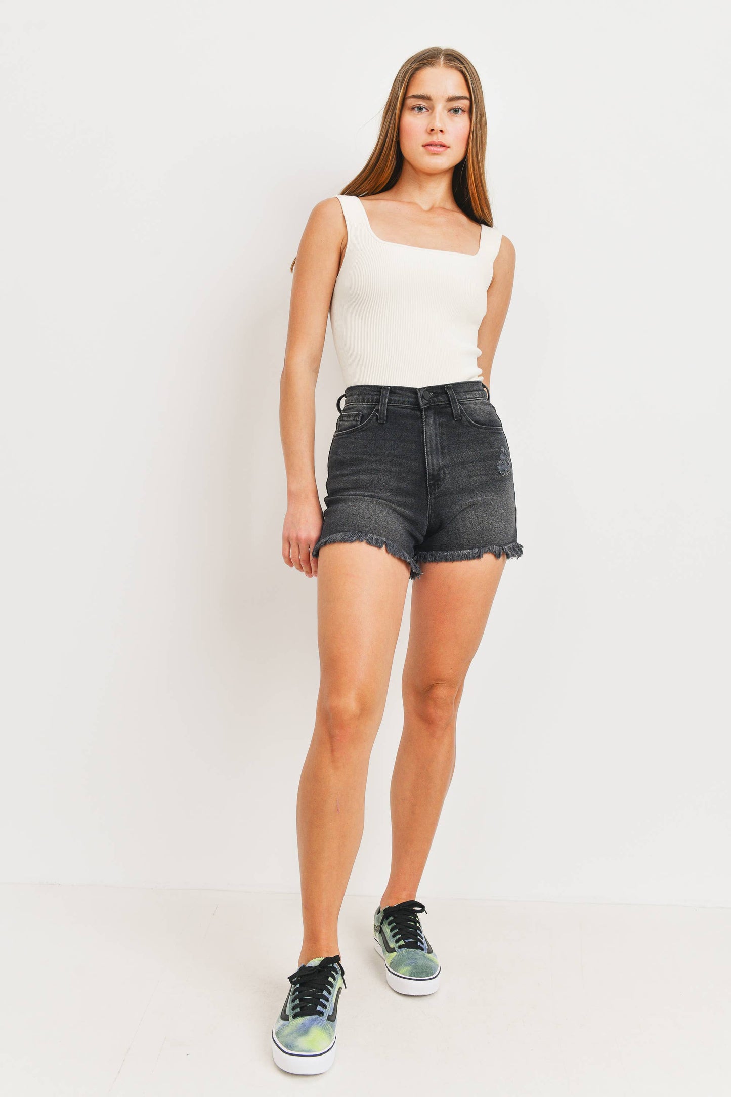 High Rise A-Line Fray Hem Short