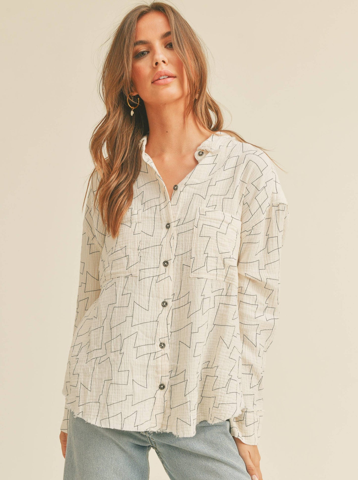 Gauzy Geo Button Up Top