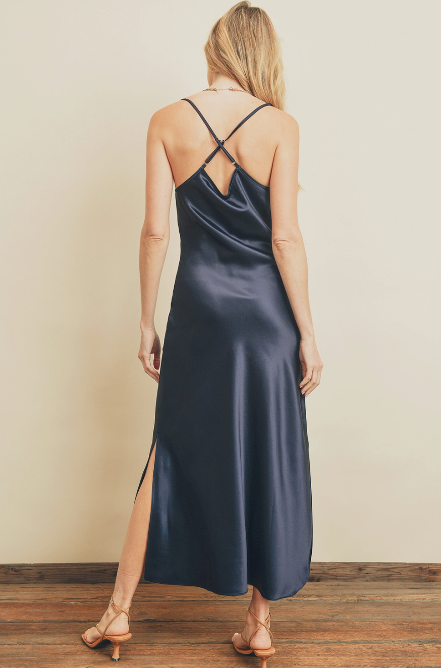 Cowl Neck Ink Satin Dress