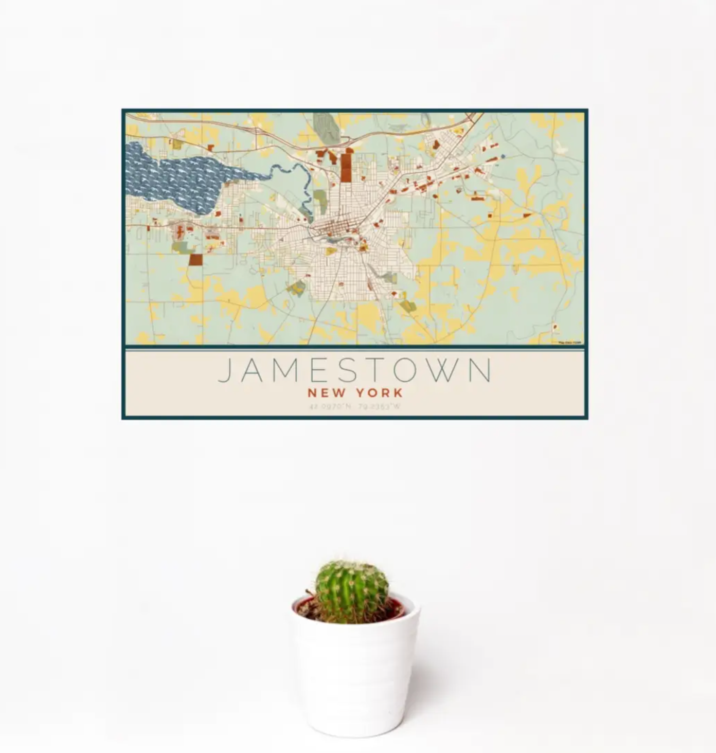 Jamestown NY Map Print - Woodblock Style