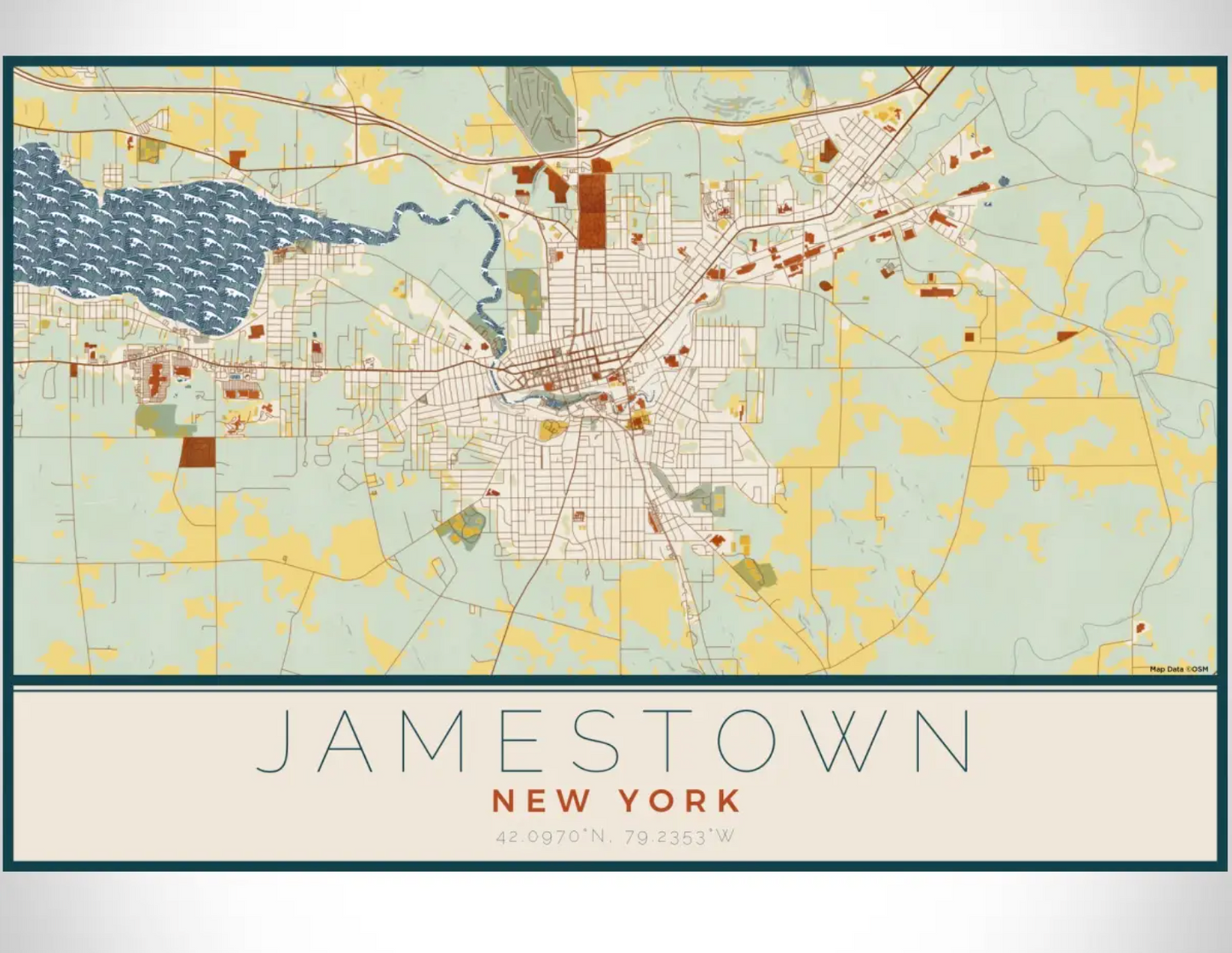 Jamestown NY Map Print - Woodblock Style