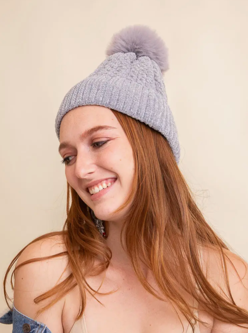 Velvet Cable Pom Beanie - Multiple Colors