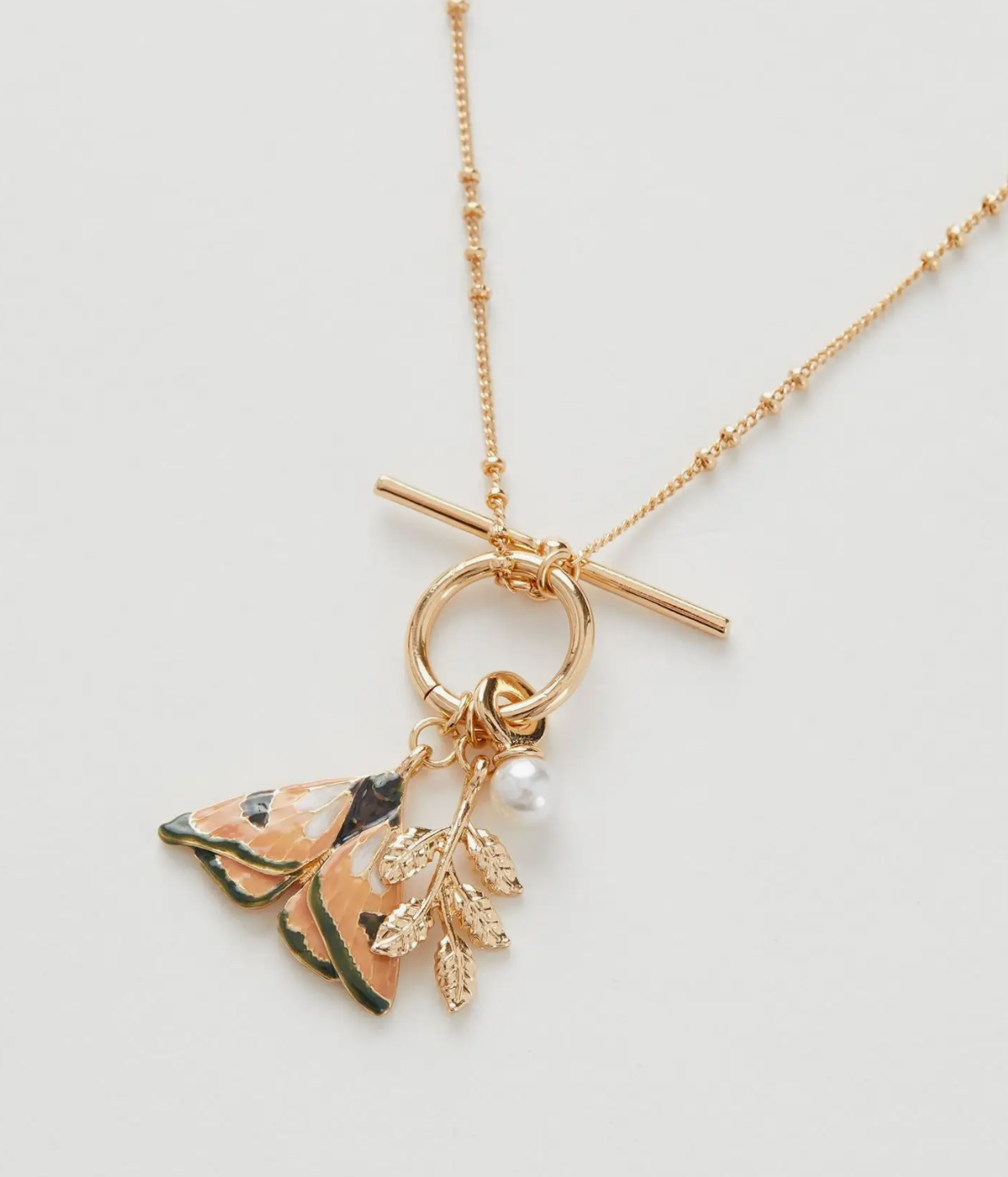 Enamel Moth & Leaf Charm Necklace
