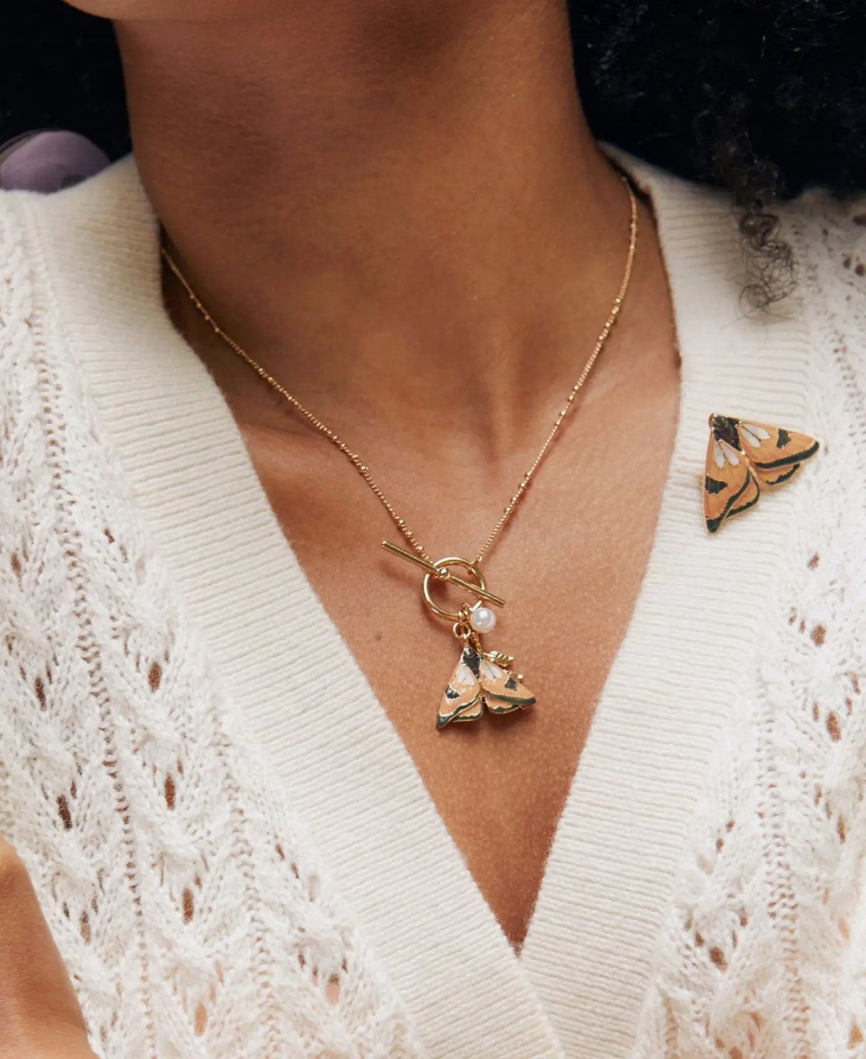 Enamel Moth & Leaf Charm Necklace