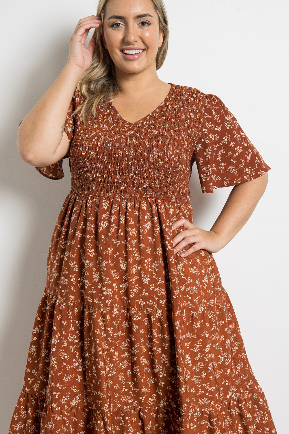 Rust Floral Smocked Dress